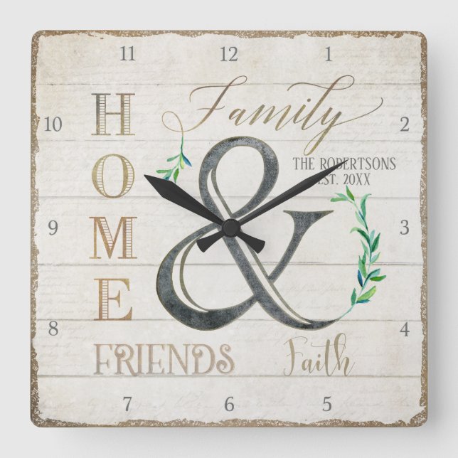 Farmhouse Shiplap Wood Home Friends Family Name Square Wall Clock (Front)
