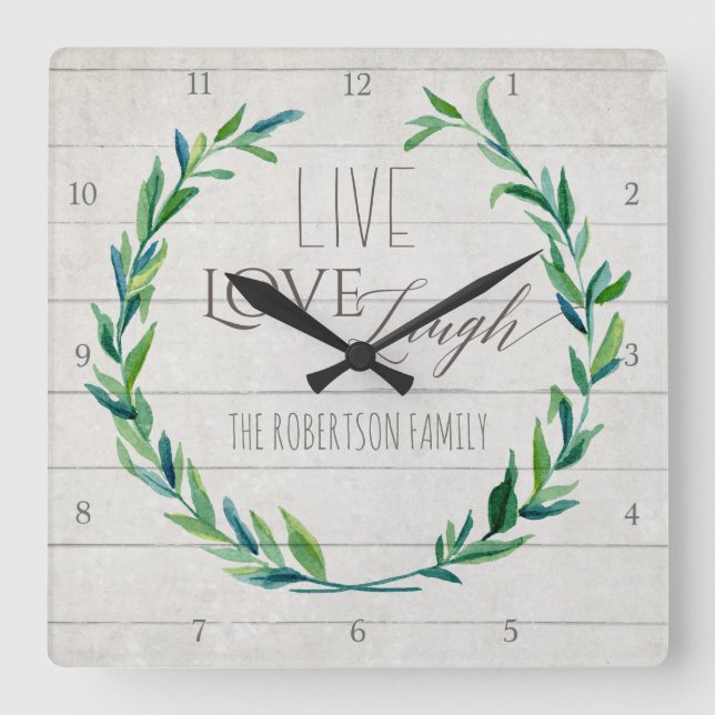 Farmhouse Shiplap Wood Rustic Leaf Wreath Family Square Wall Clock (Front)