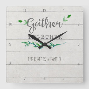 Farmhouse Shiplap Wood Simple Leaf Gather Together Square Wall Clock