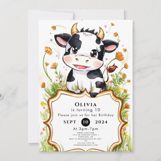 Farmhouse Simple Cow Birthday Invitation (Front)