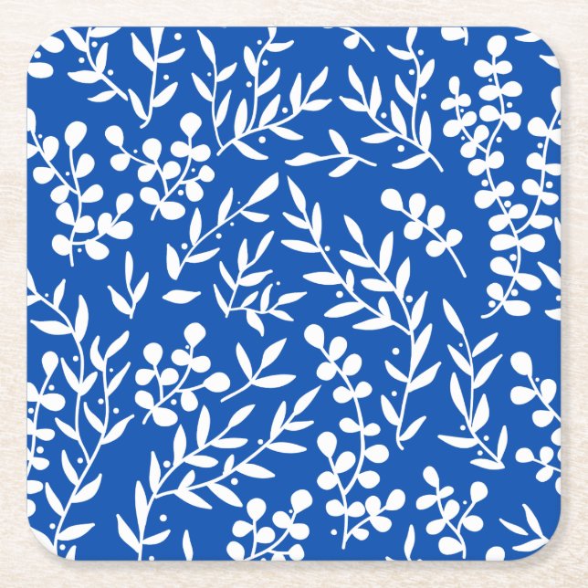 Farmhouse simple floral pattern on blue  square paper coaster (Front)