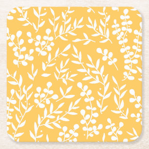 Farmhouse simple floral pattern on yellow square paper coaster