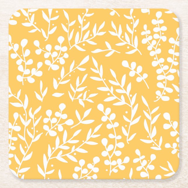 Farmhouse simple floral pattern on yellow square paper coaster (Front)