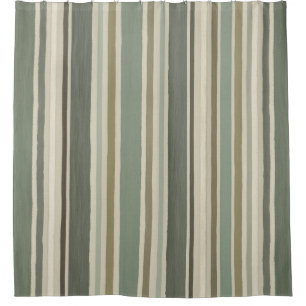 Farmhouse Soft Green Mustard Grey Brown Stripe Shower Curtain