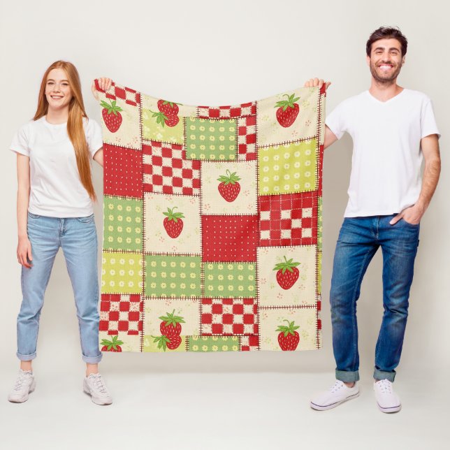 Farmhouse Strawberry Gingham Floral Pattern Fleece Blanket (In Situ)