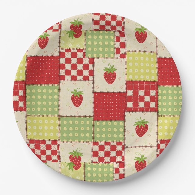 Farmhouse Strawberry Gingham Floral Pattern Paper Plate (Front)