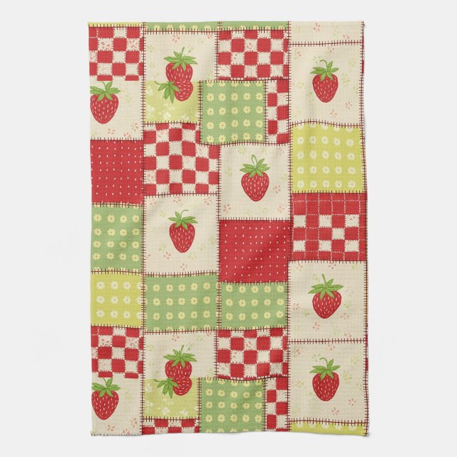 Farmhouse Strawberry Gingham Floral Pattern Tea Towel (Vertical)