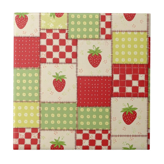 Farmhouse Strawberry Gingham Floral Pattern Tile (Front)