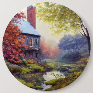 Farmhouse/stream/woods/painting 6 cm round badge