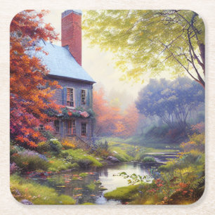 Farmhouse/stream/woods/painting square paper coaster