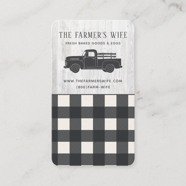 Farmhouse Style Black White Buffalo Plaid Wood  Business Card (Front)