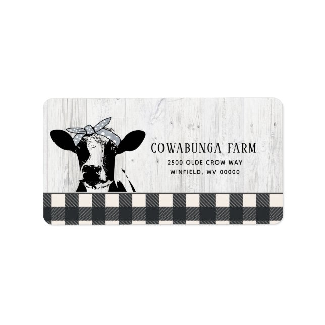 Farmhouse Style Black White Plaid Cow Wood Label (Front)