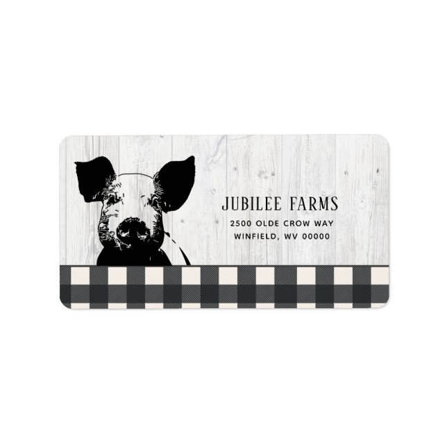 Farmhouse Style Black White Plaid Pig Wood Label (Front)