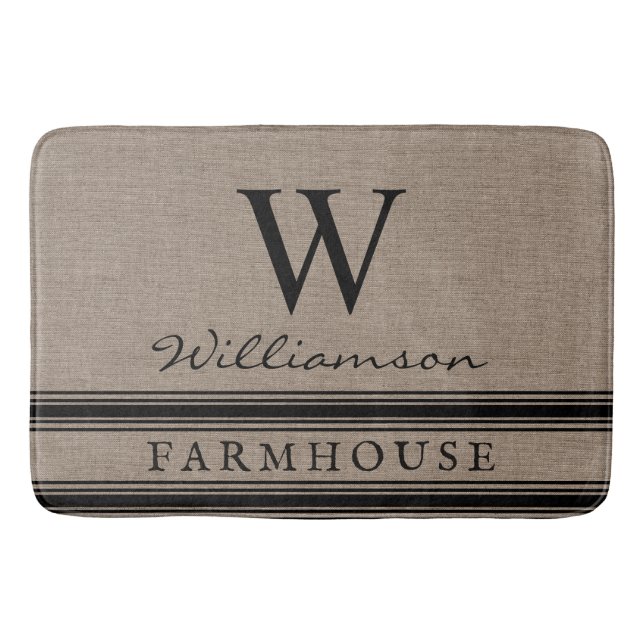 Farmhouse Style Burlap Monogrammed Family Name  Bath Mat (Front)