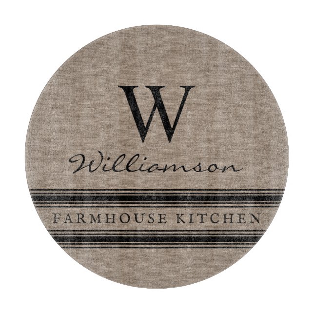 Farmhouse Style Burlap Monogrammed Family Name  Cutting Board (Front)