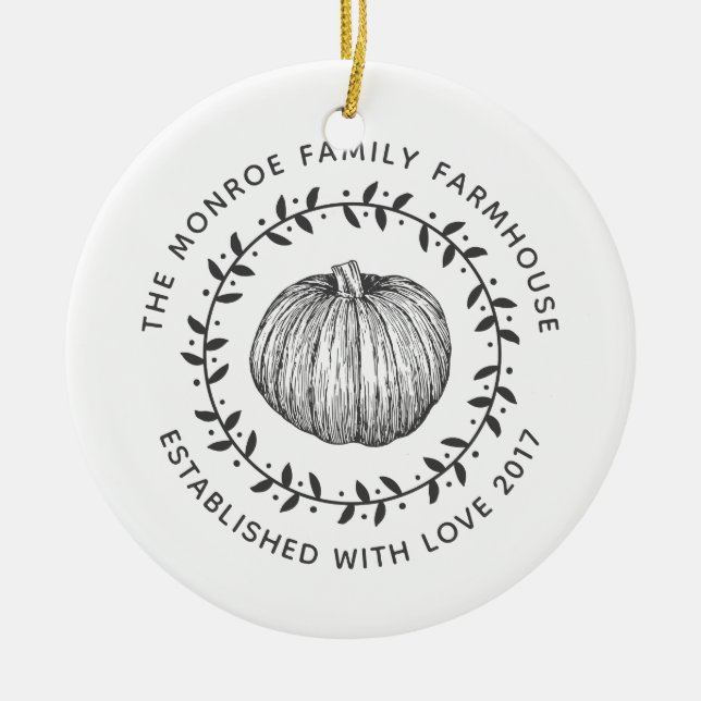 Farmhouse Style Pumpkin Wreath Family Photo Ceramic Tree Decoration (Front)