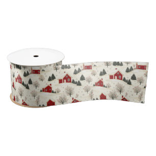 Farmhouse Style Red Winter House and Trees  Satin Ribbon