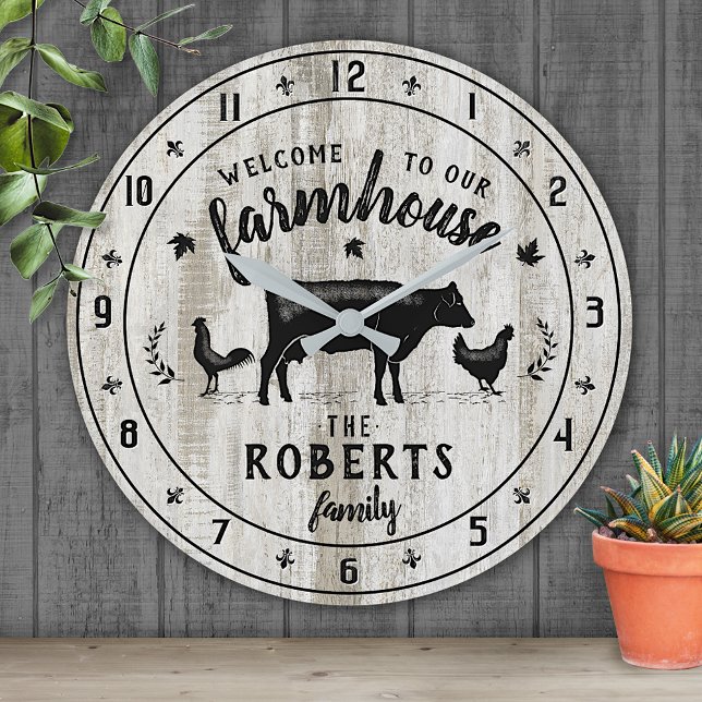 Farmhouse Style Rustic Barn Wood Cow Custom Name Round Clock (Creator Uploaded)