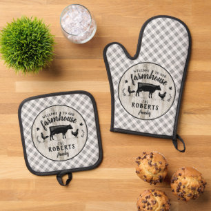 Farmhouse Style Rustic Plaid Barn Wood Cow Custom Oven Mitt & Pot Holder Set
