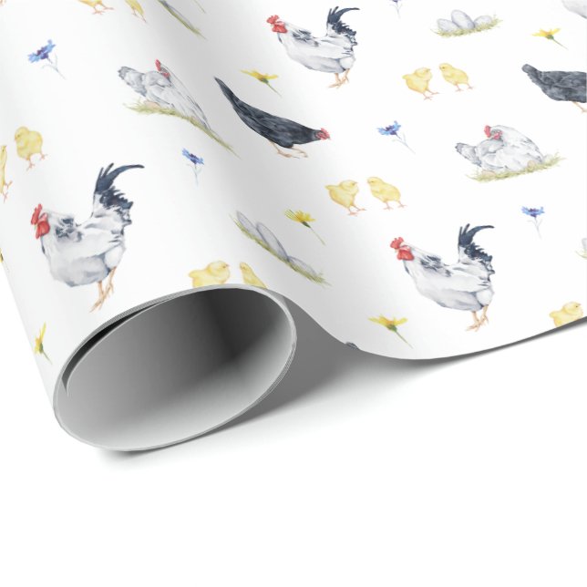 Farmhouse Style Watercolor Hens, Roosters & Chicks Wrapping Paper (Roll Corner)