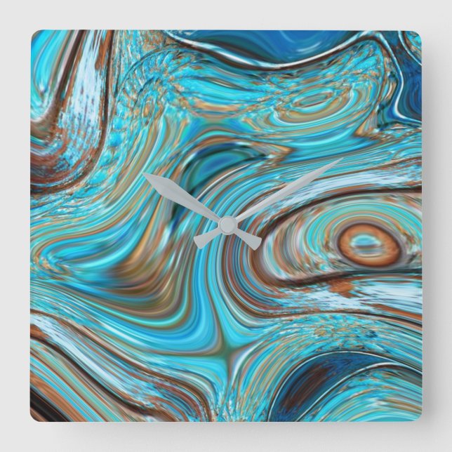 farmhouse  teal blue Woodgrain turquoise swirls Square Wall Clock (Front)