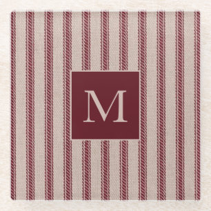 Farmhouse Ticking Grain Sack Country Monogrammed Glass Coaster