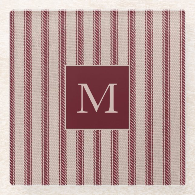Farmhouse Ticking Grain Sack Country Monogrammed Glass Coaster (Front)
