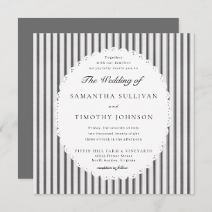 Farmhouse Ticking Stripe Scalloped Lace Wedding Invitation
