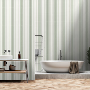 Farmhouse Ticking Stripes, Sage Green on Cream Wallpaper