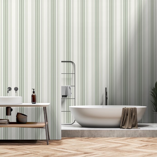 Farmhouse Ticking Stripes, Sage Green on Cream Wallpaper (Bathroom)