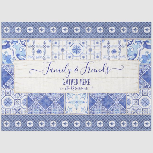 Farmhouse Tile Blue White Family Gather Decoupage Tissue Paper (Front)