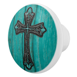 Farmhouse Turquoise Teal Western Country Cross  Ceramic Knob