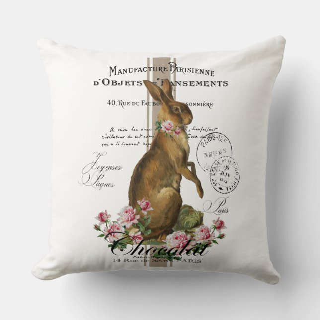 Farmhouse Vintage Grain Sack Easter Rabbit Cotton Cushion (Front)