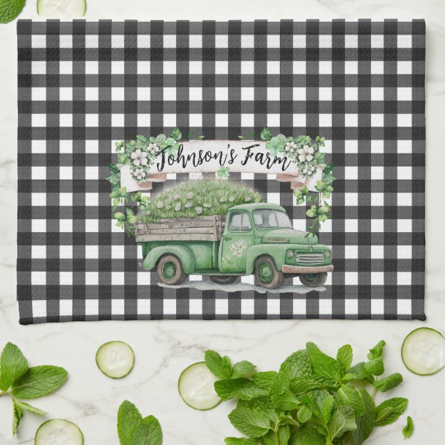 Farmhouse | Vintage Green Truck | Personalised Tea Towel (Folded)