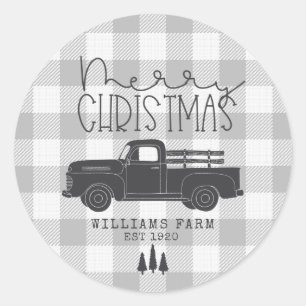 Farmhouse Vintage Truck Grey Buffalo Check Name Classic Round Sticker