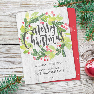Farmhouse Watercolor Winter Berry Wreath Holiday Card