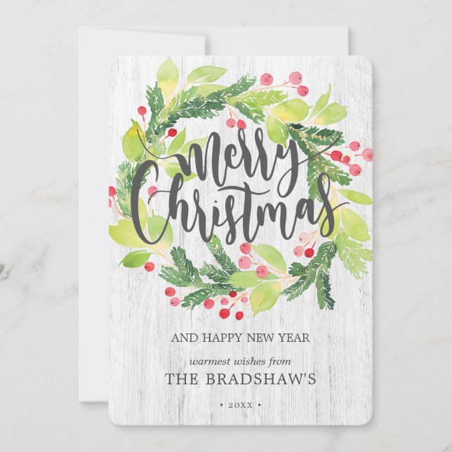 Farmhouse Watercolor Wreath Holiday Card (Front)