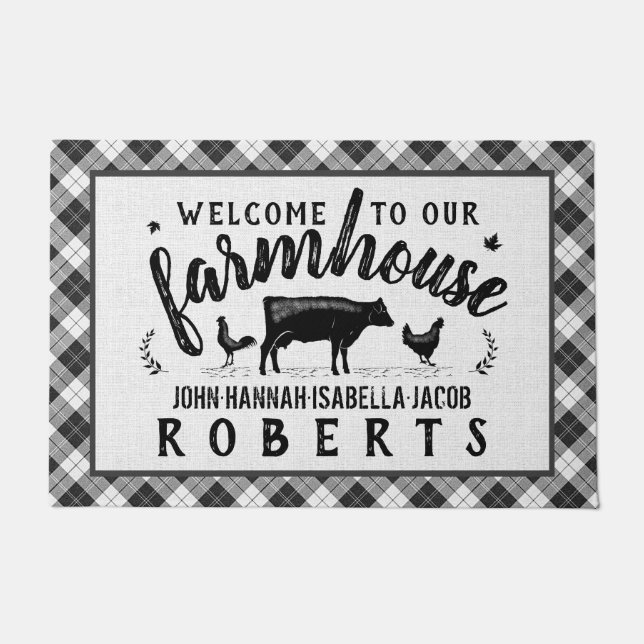 Farmhouse Welcome Black Buffalo Check Plaid Cow Lg Doormat (Front)