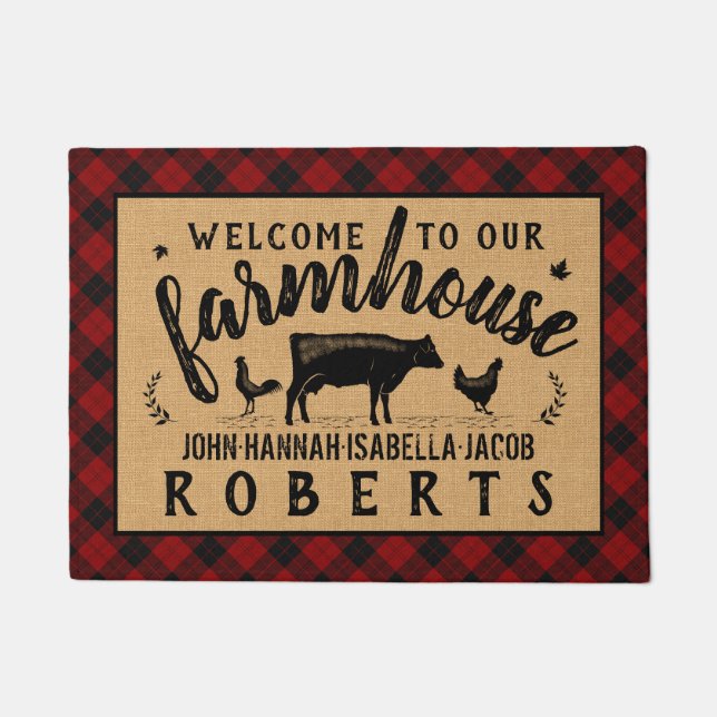 Farmhouse Welcome Red Buffalo Check Plaid Cow Doormat (Front)