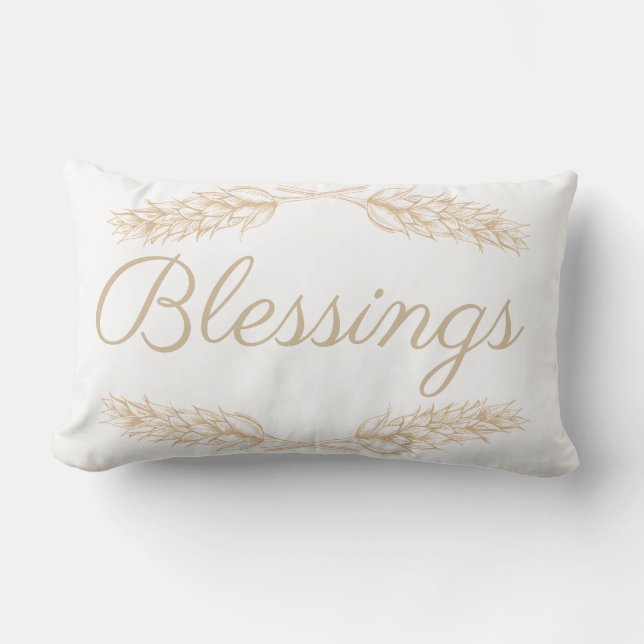 Farmhouse Wheat Stalk Laurels Blessings & Name Lumbar Cushion (Front)
