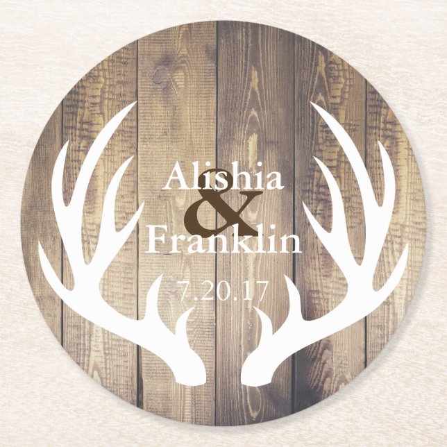 Farmhouse White Antlers Bride & Groom Wedding Date Round Paper Coaster (Front)