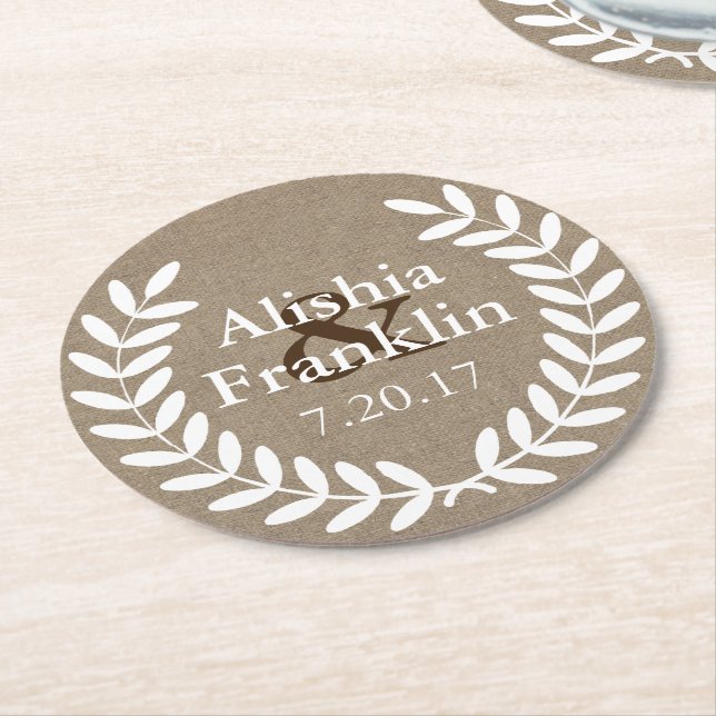 Farmhouse White Laurels Bride & Groom Wedding Date Round Paper Coaster (Angled)