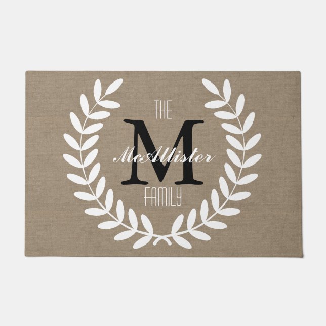 Farmhouse White Laurels Family Name Doormat (Front)