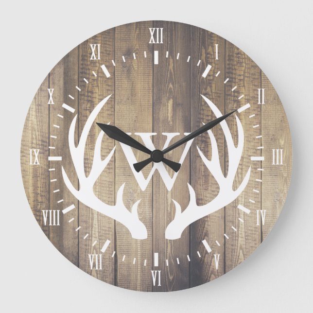 Farmhouse White Numerals White Deer Antlers Wood Large Clock (Front)