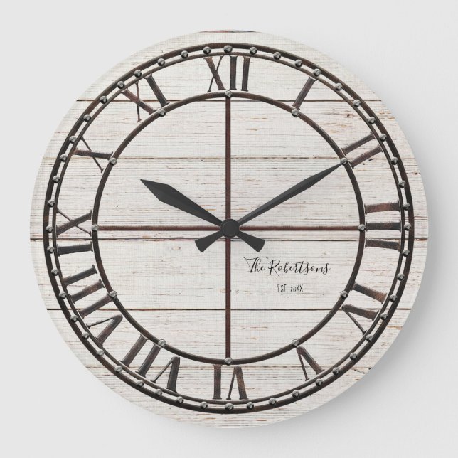 Farmhouse White Shiplap Wood Rustic Family Name Large Clock (Front)