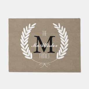 Farmhouse White Wheat Laurels Family Name Doormat