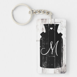 Farmhouse White Wood Rustic Milk Jug Monogram Key Ring