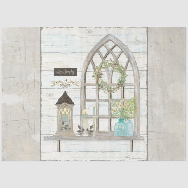 Farmhouse Window Flower Bouquet Wood Decoupage Tissue Paper (Front)