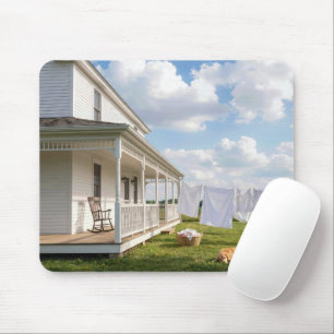 Farmhouse with Clothesline and Dog Mouse Mat