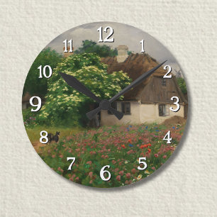 Farmhouse with Meadow Flowers  Round Clock